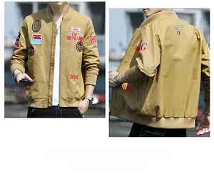 Front and back view of khaki men's military jacket with embroidered street style patches