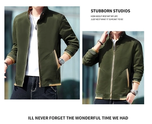 Detail of army green men's jacket showing ribbed collar, cuffs and textured fabric
