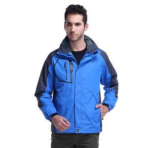 Men's 3-in-1 outdoor jacket in sky blue and dark grey with waterproof zipper and hood