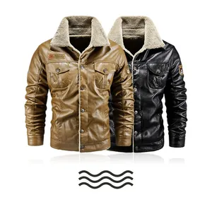 Detail view of brown and black PU leather jackets with lamb wool lining and front pockets