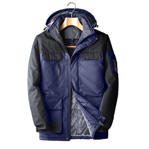 Men's thick hooded outdoor jacket with warm fleece lining and windproof navy blue panels
