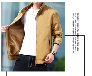 Detail view of khaki winter jacket featuring thick fleece lining and stand collar design