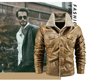 Detail of men's brown PU leather jacket featuring faux lamb wool collar and chest pockets