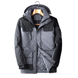 Men's winter hooded parka with thick plush lining in grey and black color blocking