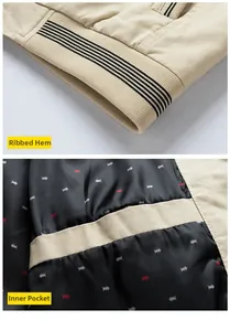 Détail de veste beige montrant l'ourlet côtelé rayé et la poche intérieure à motifs