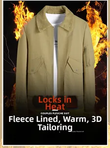 Detail of khaki fleece-lined jacket featuring a warm lamb wool collar and 3D cutting