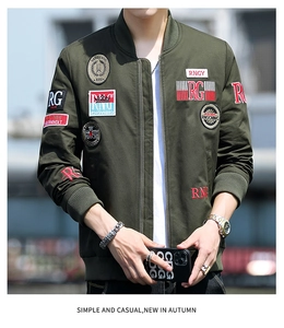 Close-up of military green pilot jacket with detailed embroidery patches and stand collar