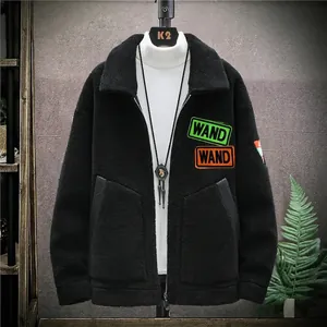 Men's black sherpa fleece jacket with WAND patch embroidery and warm winter padding
