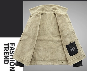 Detail of warm lamb wool lining and internal zipper pocket in black faux leather jacket