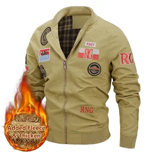 Men's Fleece Lined Thickened Bomber Jacket Military Cotton Embroidery Stand Collar Casual Outdoor Winter Coat