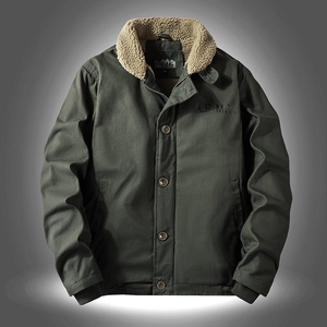 Men Winter Heavyweight Cotton Canvas Jacket With Sherpa Fleece Collar Warm Military Workwear Coat Army Letter Embroidery Outerwear For Men
