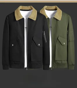 Detail of men's winter jackets with faux fur collar and elastic ribbed cuffs in two colors
