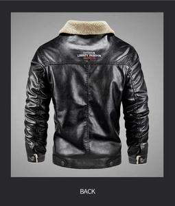 Detail view of the men's biker jacket featuring high-quality embroidery and faux shearling collar