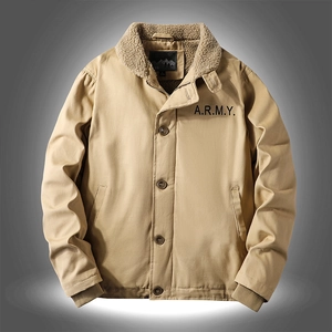 Men's khaki winter military jacket with sherpa collar and ARMY chest print detail