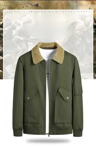 Army green military jacket detail with warm fleece collar and functional utility sleeve pocket