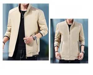 Detail of khaki men's stand-up collar jacket with ribbed striped cuffs and plaid lining