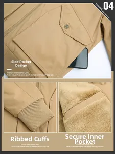 Veste en coton kaki avec doublure polaire, poignets côtelés et grandes poches à pression
