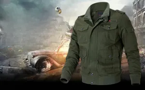 Detailed close-up of military green utility jacket with large pockets and star badge