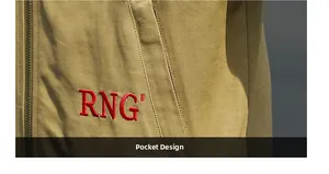 Detailed view of RNG embroidery on khaki cotton jacket pocket with premium stitching