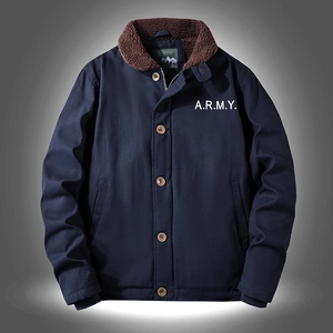 Men's winter heavy cotton work jacket with sherpa fleece collar and ARMY print detail