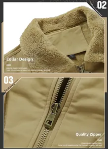 Detail of khaki cotton jacket showing sherpa fleece collar and brass metal zipper