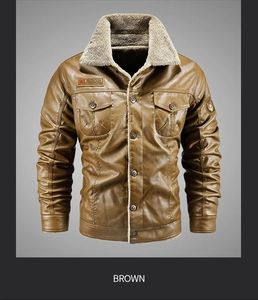 Close-up of brown PU leather jacket with faux shearling collar and fashion embroidery