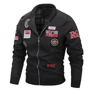 Men's winter fleece lined thick bomber jacket with embroidery and stand collar black