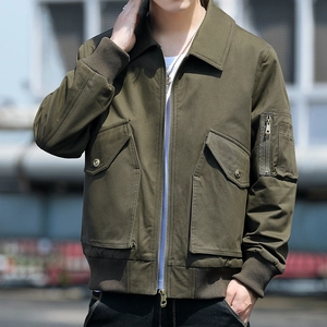 Army green men's cotton bomber jacket with classic collar and utility pockets