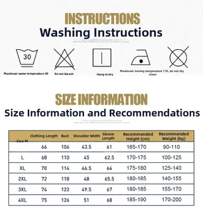 Size chart and washing care instructions for men's cotton jacket from M to 4XL