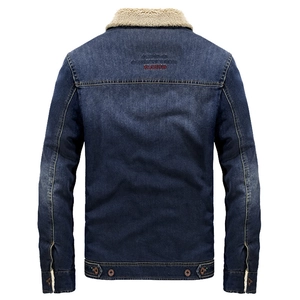 Men's deep blue denim jacket with beige fleece collar and red fashion embroidery on back