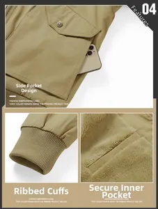 Detail view of khaki jacket featuring cargo pockets, ribbed cuffs, and warm fleece lining