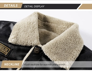 Close-up of winter faux leather jacket with plush lamb wool collar and logo detail