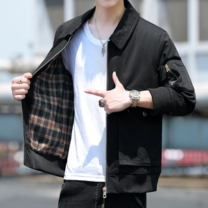 Men's casual black cotton work jacket with plaid lining and utility sleeve pocket