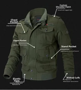 Detailed view of army green military jacket with shoulder straps and utility pockets