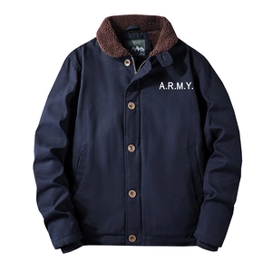 Men's navy workwear jacket with brown lamb wool collar and A.R.M.Y. print detail