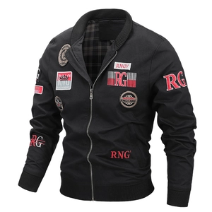 Men's black padded bomber jacket with military embroidery and plaid lining