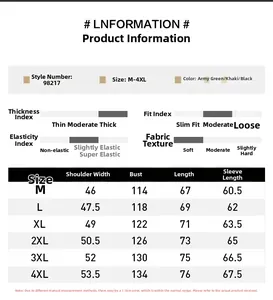 Tableau des tailles détaillé pour veste en coton polaire homme du M au 4XL