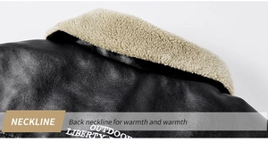 Detailed close-up of thick beige faux shearling lining on the black PU jacket neckline