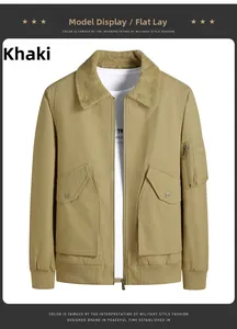 Detail of khaki men's jacket with plush collar, large flap pockets and ribbed cuffs