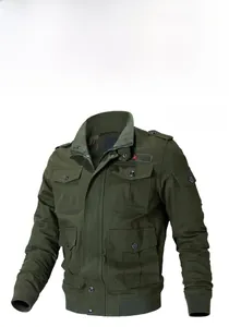 Detailed close-up of army green tactical jacket with multi-pocket and ribbed cuffs