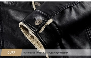 Detail of faux leather jacket cuff featuring warm fleece lining and branded metal button