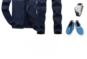 Detail of navy blue men's sports jacket featuring stand collar and ribbed cuffs design