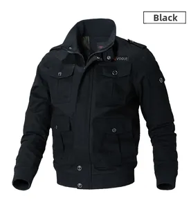 Detail of black utility jacket featuring military style cargo pockets and a high ribbed collar