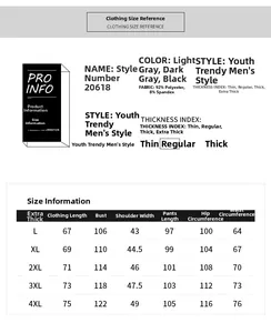 Detailed size chart for men's athletic tracksuit including measurements from L to 4XL
