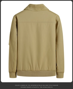 Detail of khaki men's bomber jacket with sheep wool collar and ribbed cuffs for winter