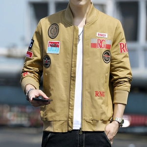 Men Vintage Military Pilot Jacket 100% Cotton Stand Collar Embroidered Patch Bomber Coat Casual Streetwear Outerwear For Autumn