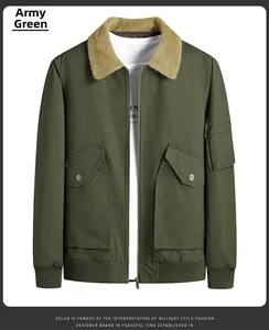 Detail of army green bomber jacket with khaki fleece collar and utility sleeve pocket