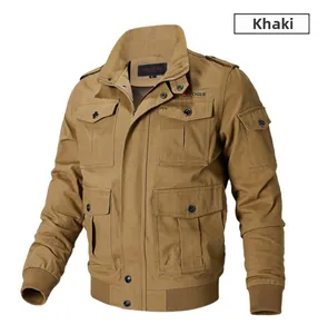 Detail of khaki military style jacket showing cargo pockets and ribbed knit cuffs