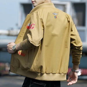 Men's khaki military jacket featuring wing embroidery and ribbed cuffs on the back