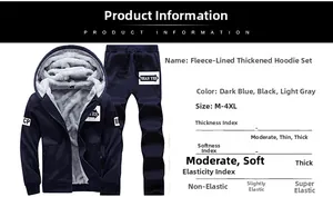 Detail view of winter fleece lining in a navy blue hooded sweatshirt and pants set